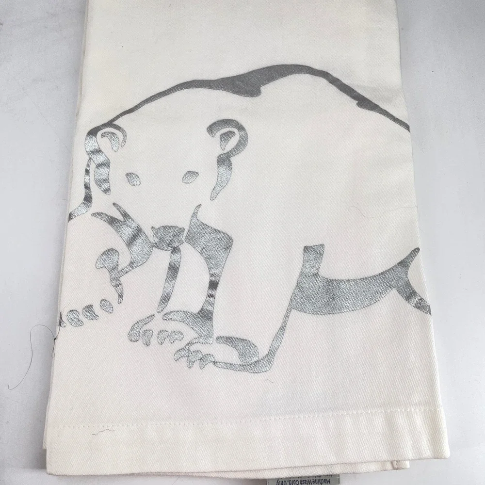 4 Pottery Barn Arctic Animal Tea Towels Silver Metallic White Cotton 20x30